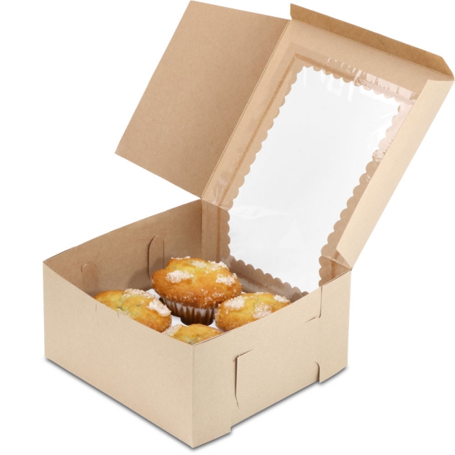 8 x 8 x 4" Recycled Brown Kraft Cupcake Bakery Boxes with Window